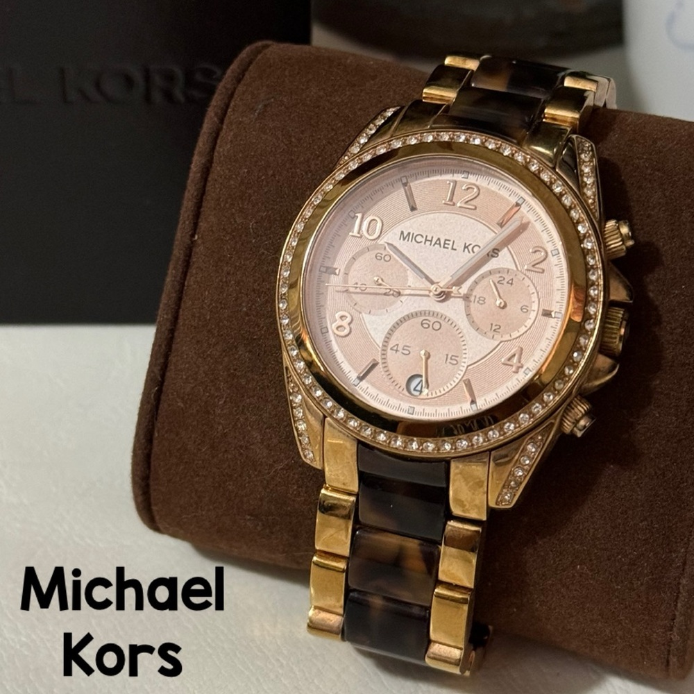 Michael Kors Watch-Yellow Gold Toned/Tortoise Band-Pink Face-Crystal Bezel-Box